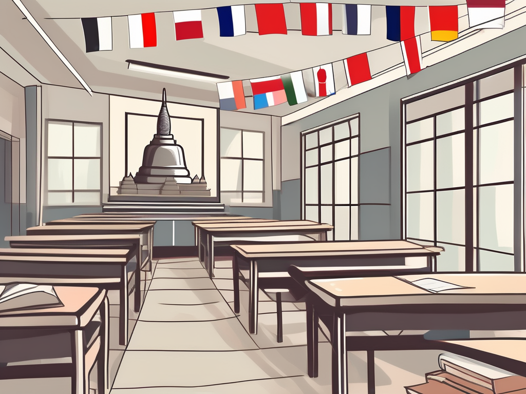 A classroom setting with international flags