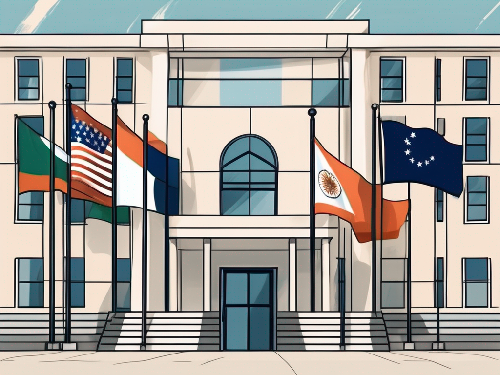 An international school building with various national flags fluttering in the courtyard