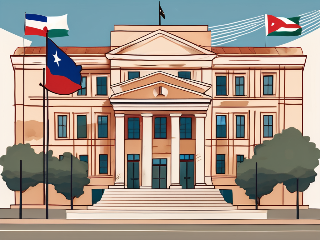 A classic uruguayan school building with an international flag fluttering in the wind