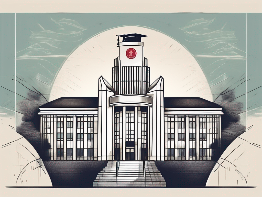 The harrow international school shanghai's iconic building with a briefcase and a graduation cap symbolizing a job application and education