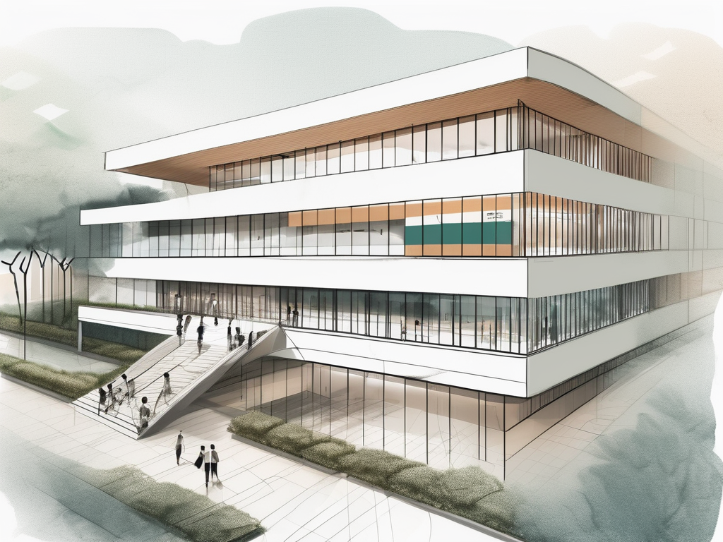 The suzhou singapore international school building with a symbolic application form floating towards its entrance