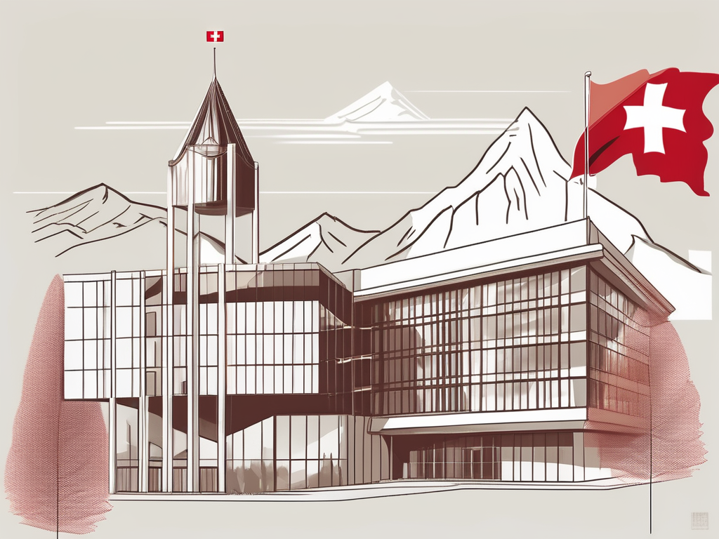 The international school of basel building surrounded by swiss landmarks like the alps and a swiss flag