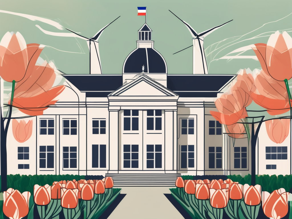 The american school of the hague building with a dutch flag flying on top