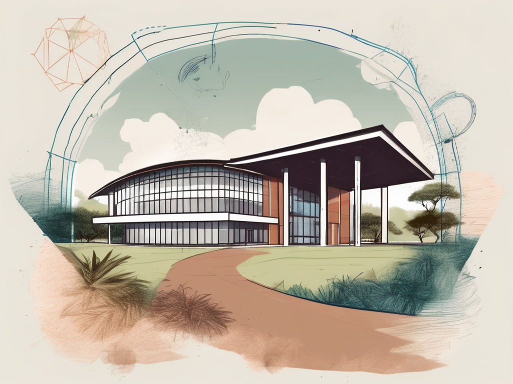 The international school of kenya building surrounded by kenyan landscapes and symbolic elements like a graduation cap and a briefcase to represent education and job opportunities