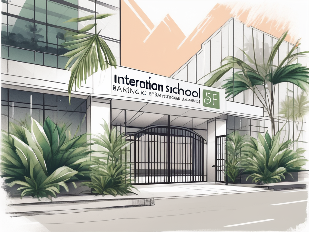 The international school of bangkok's building with lush tropical plants around and a 'for hire' sign on the front gate