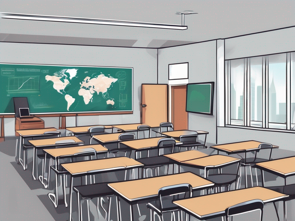 A modern classroom setting in malaysia showcasing various teaching tools such as a digital blackboard