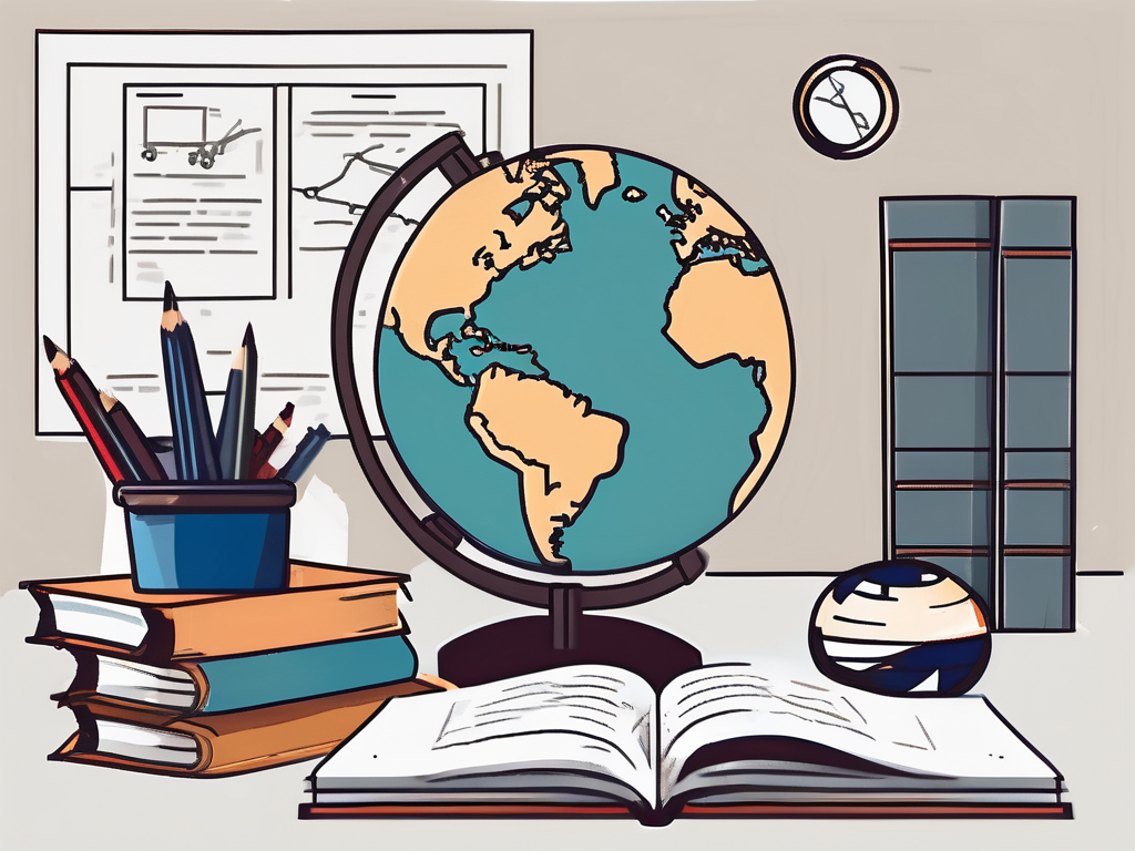 A classroom setting with a globe highlighting malaysia