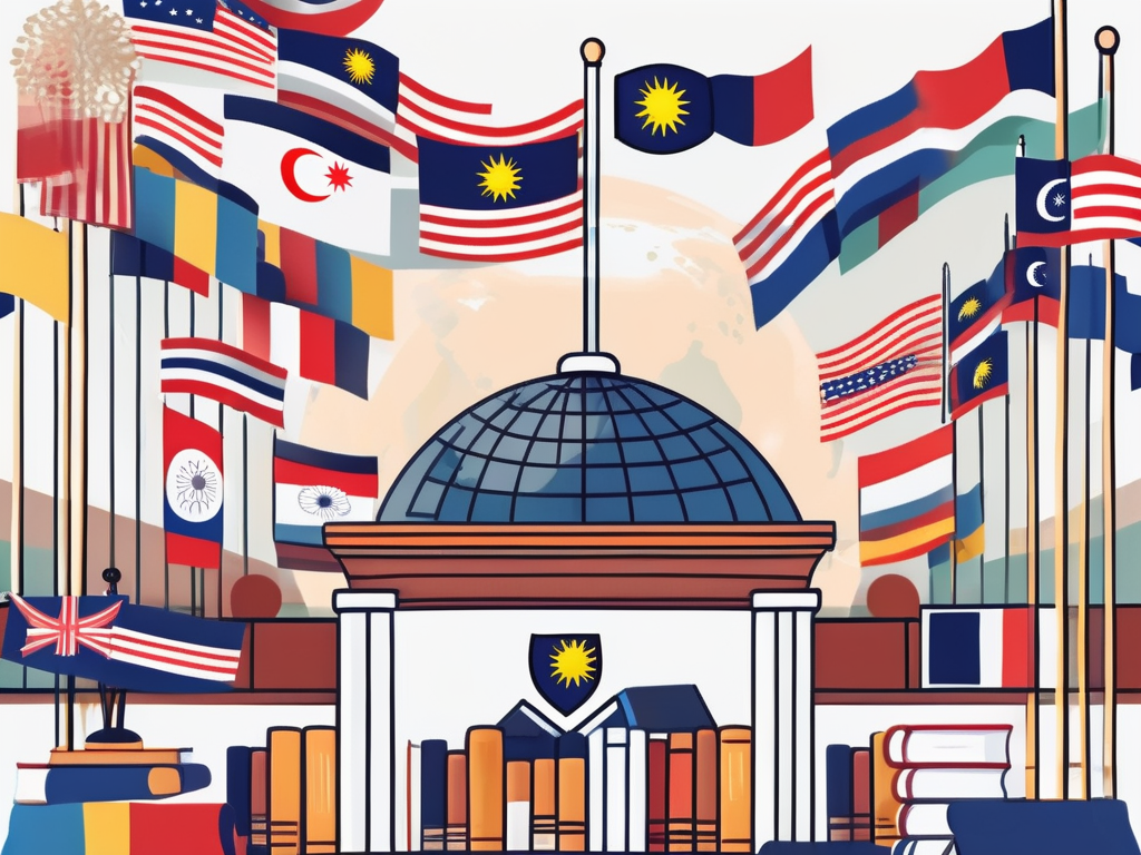 A malaysian public school with various international flags fluttering on the flagpoles