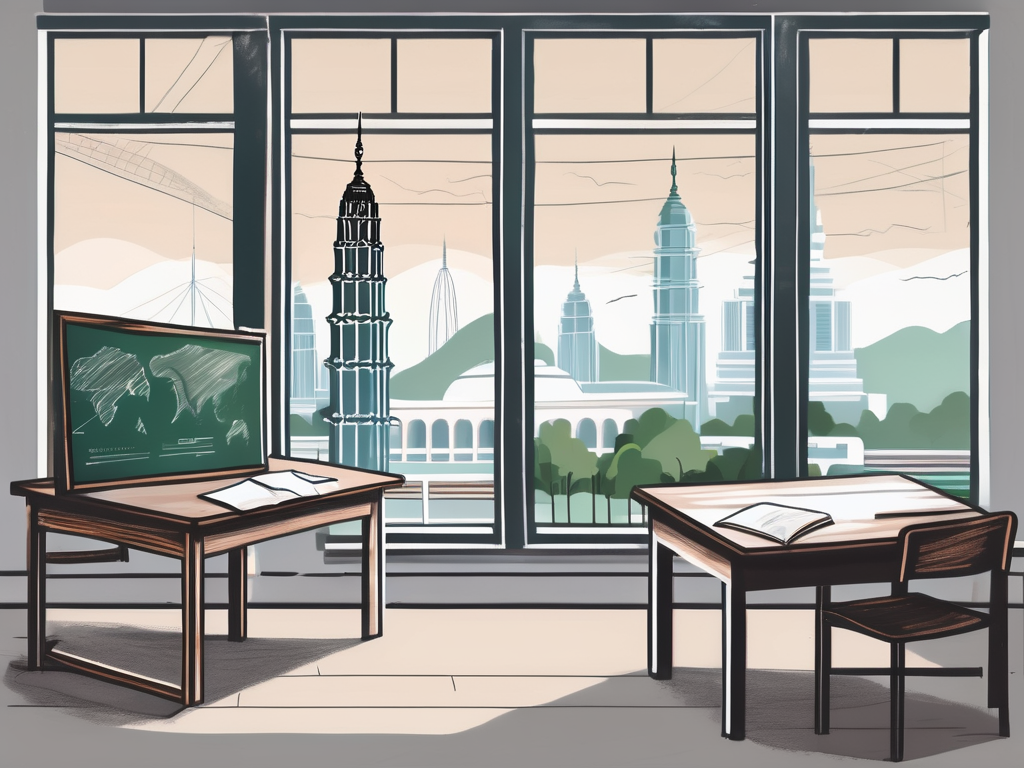 A classroom setting with a view of iconic malaysian landmarks through the window