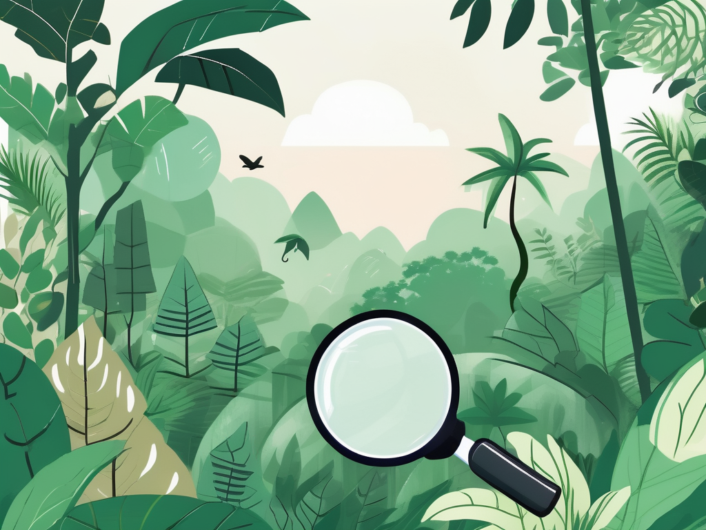 A lush malaysian rainforest with various environmental education symbols