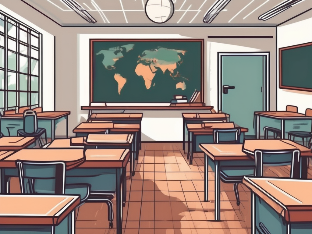 A classroom with empty desks and chairs