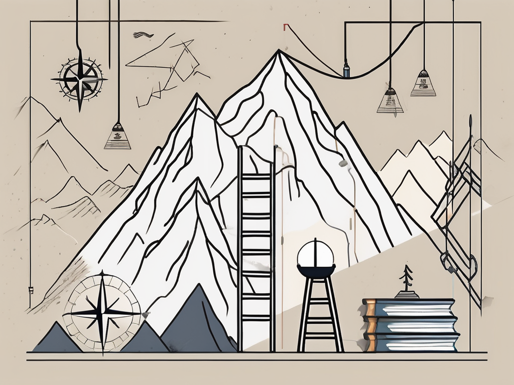 A classroom setting with various symbols representing challenges such as a steep mountain