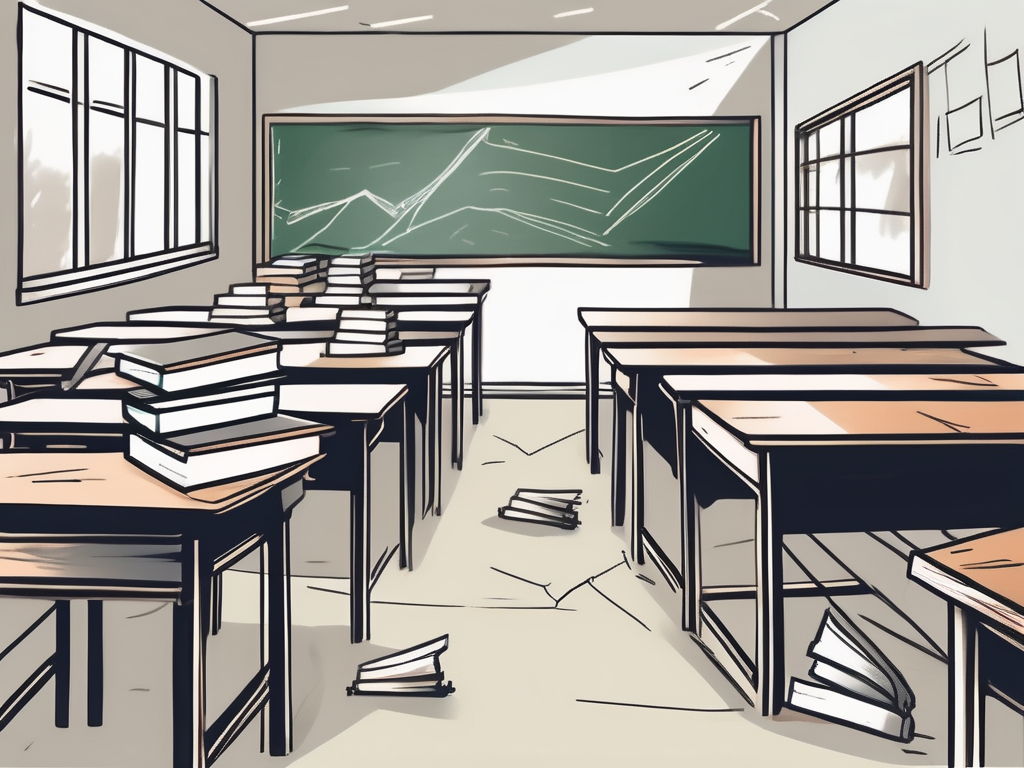 A classroom setting with visible obstacles like a broken chalkboard