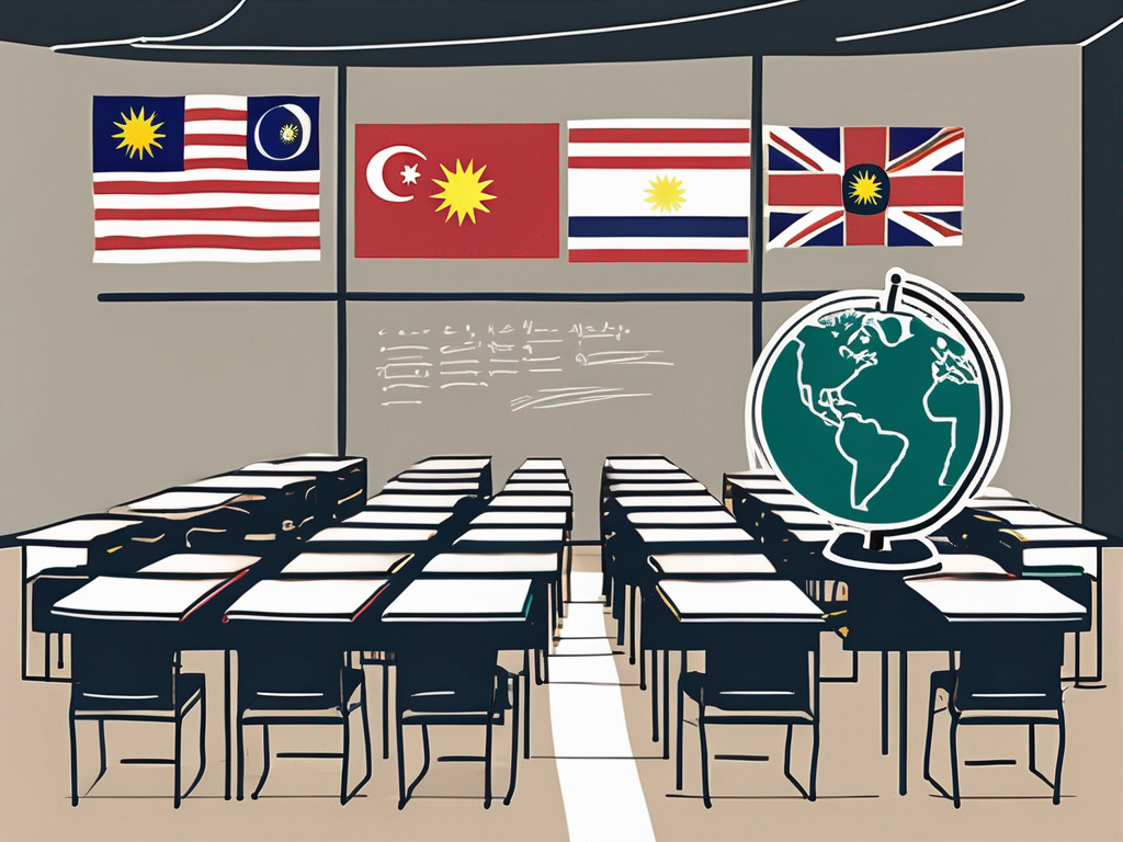 A classroom with empty desks and chairs