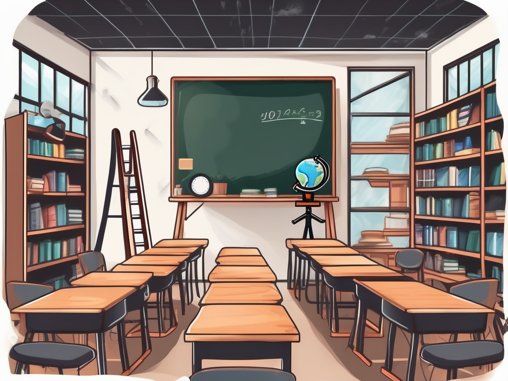 A classroom setting in malaysia with a chalkboard displaying a ladder symbolizing career progression