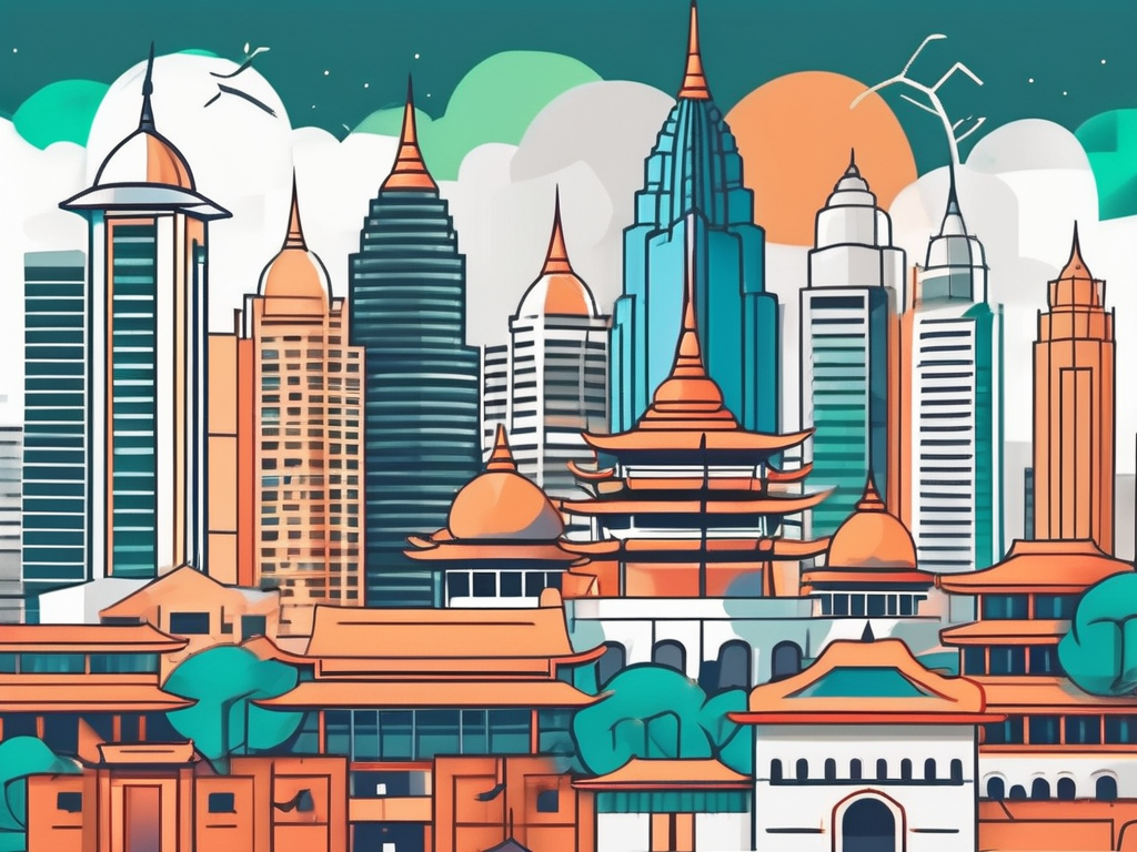 A vibrant malaysian cityscape with prominent educational institutions and symbols of prosperity