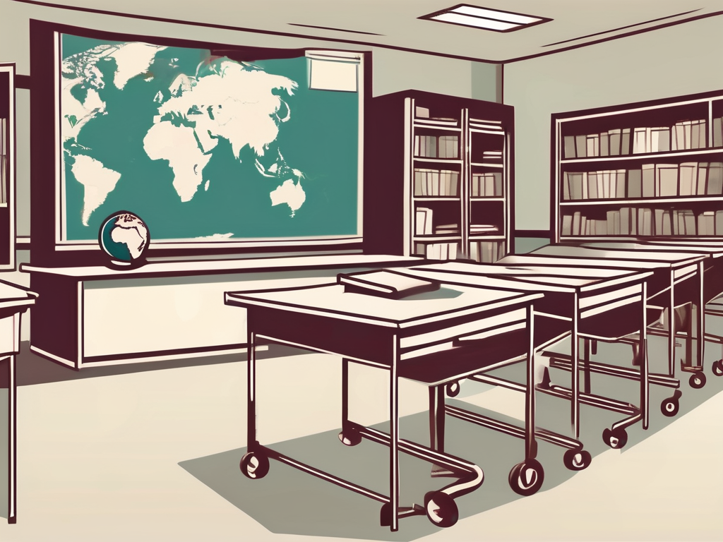 A classroom setting in malaysia with an empty teacher's desk