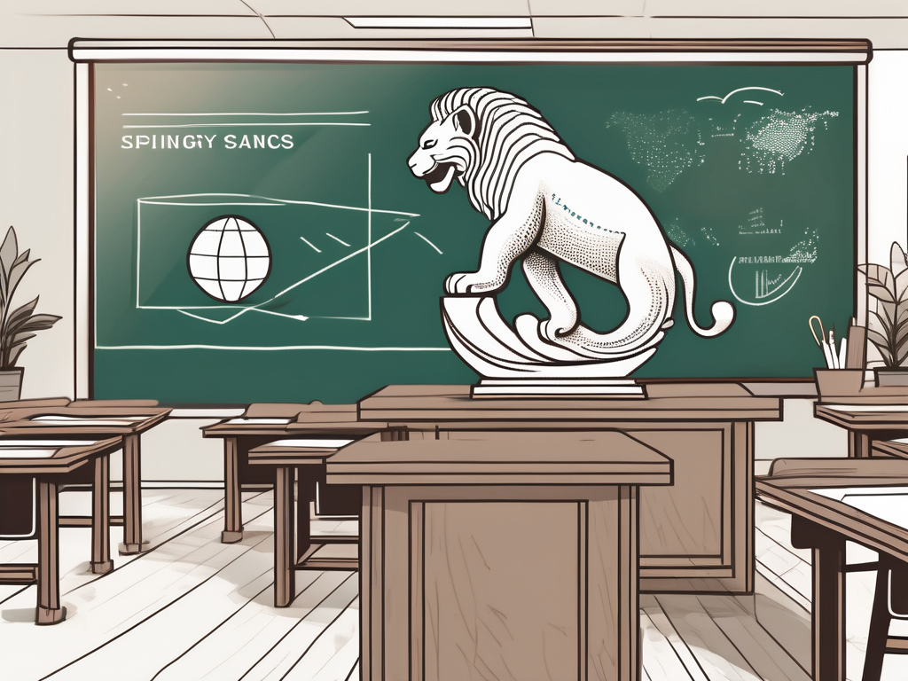 A classroom setting with typical singaporean elements like the marina bay sands and merlion in the background