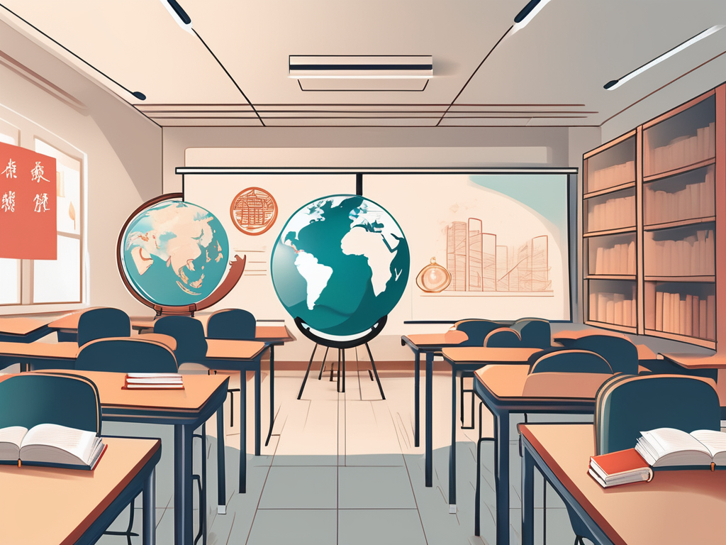 A classroom with diverse educational materials like books and globes