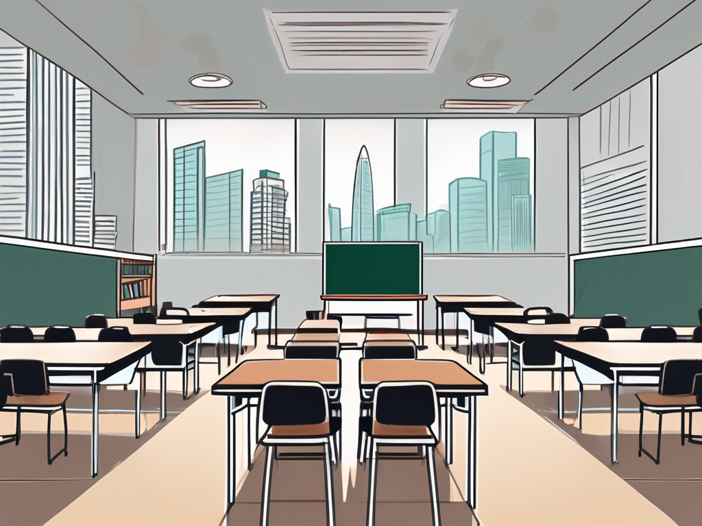 A classroom setting with singapore's iconic landmarks in the background