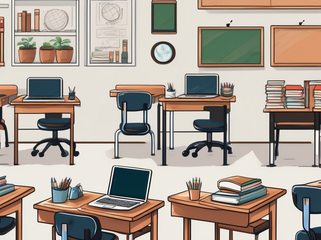 A diverse array of school desks with different educational tools like books