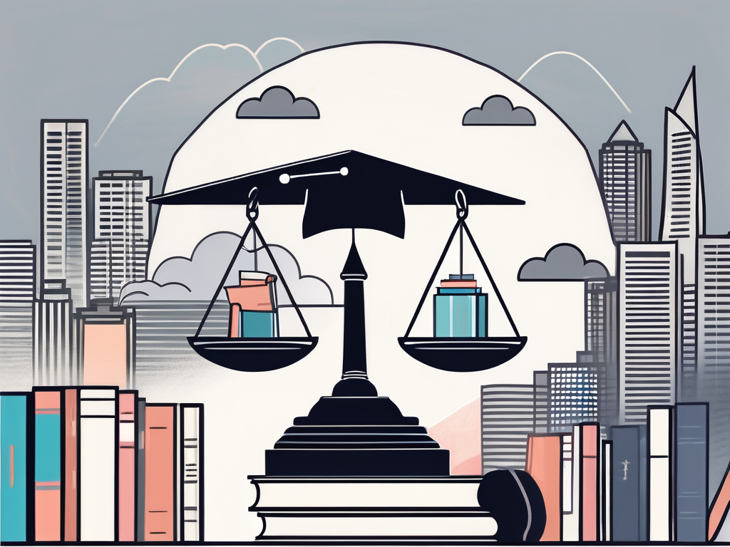 A balanced scale with textbooks and a graduation cap on one side