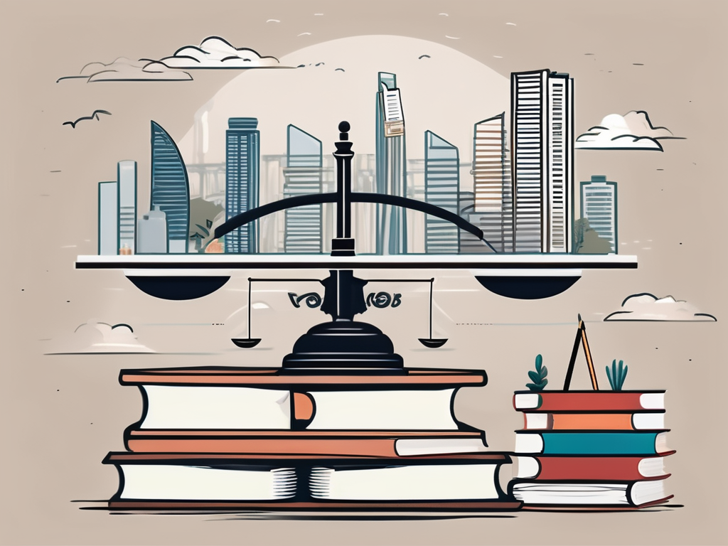 A balanced scale with books on one side and various educational tools on the other