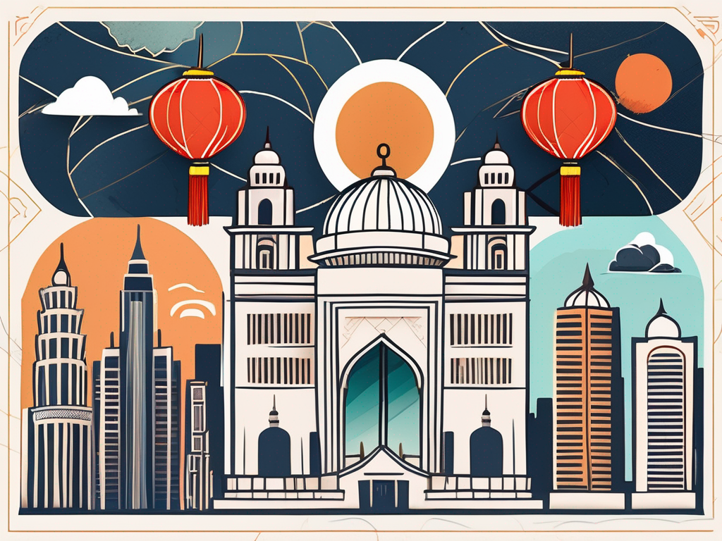 A diverse set of cultural symbols (like a chinese lantern