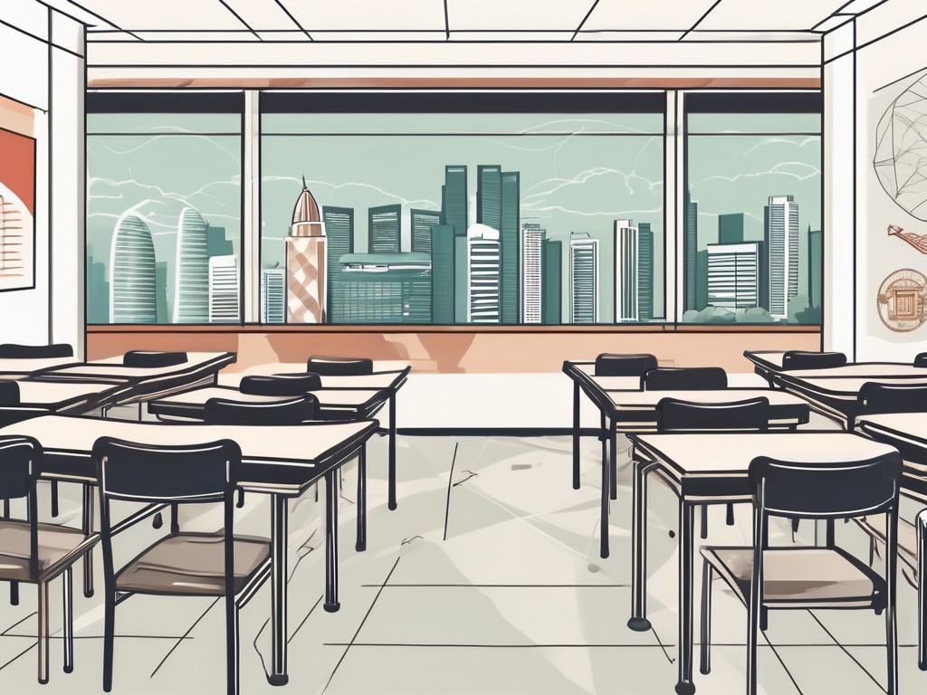A classroom setting with various teaching tools and a backdrop of iconic singapore landmarks