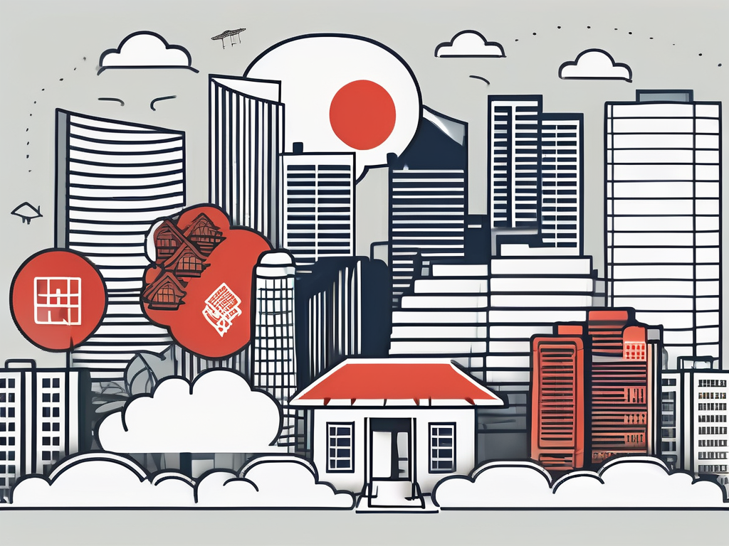 A singapore skyline with various symbolic barriers like a language barrier represented by a speech bubble