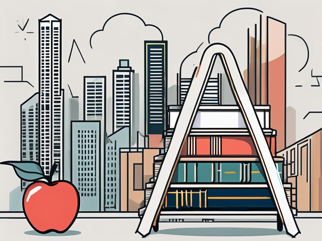 A ladder leaning against a stylized representation of singapore's skyline