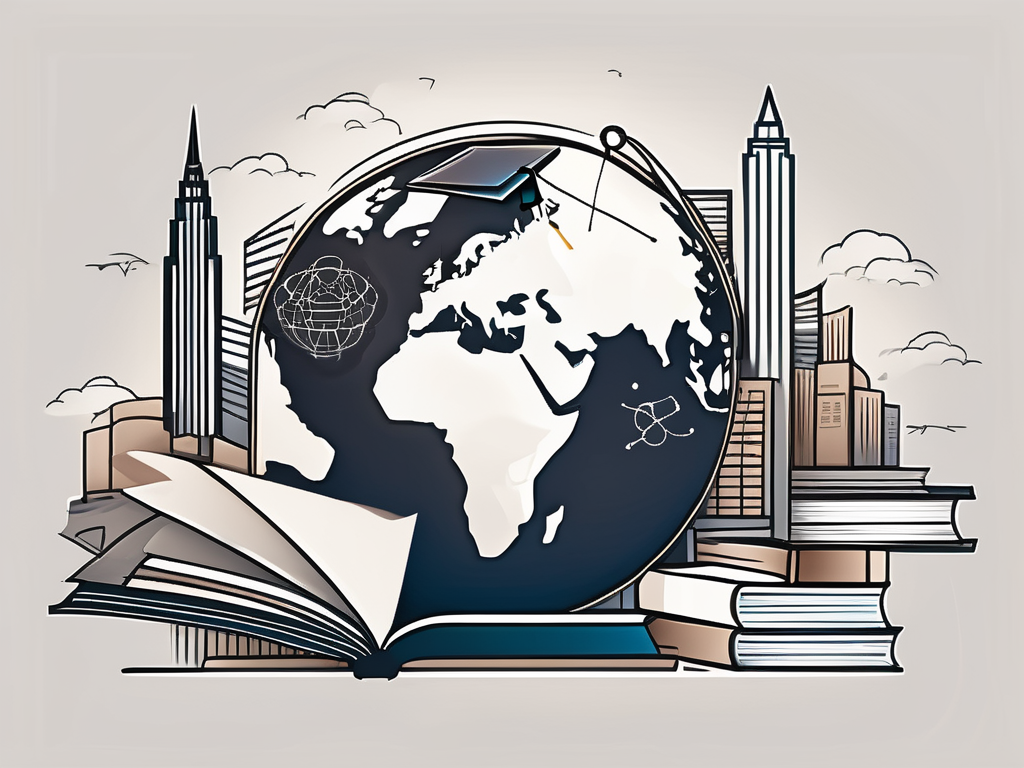 A singaporean skyline with symbolic elements of teaching and international education such as a globe