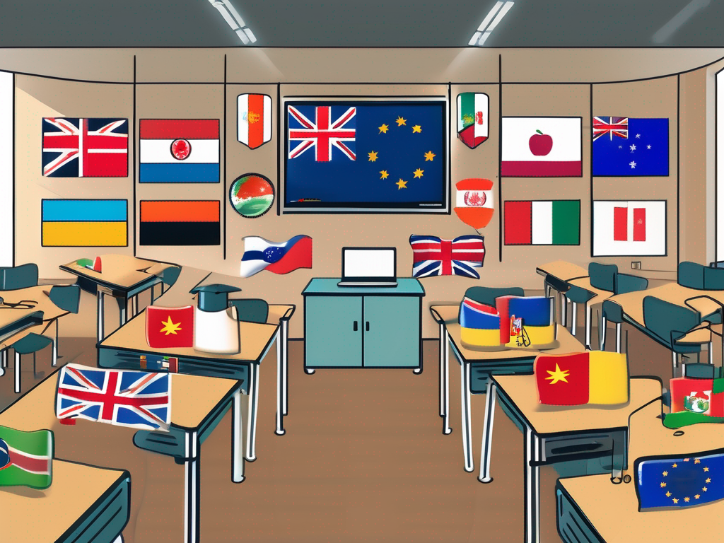 A classroom setting with various symbols representing challenges such as a cultural barrier (represented by a mix of different country flags)