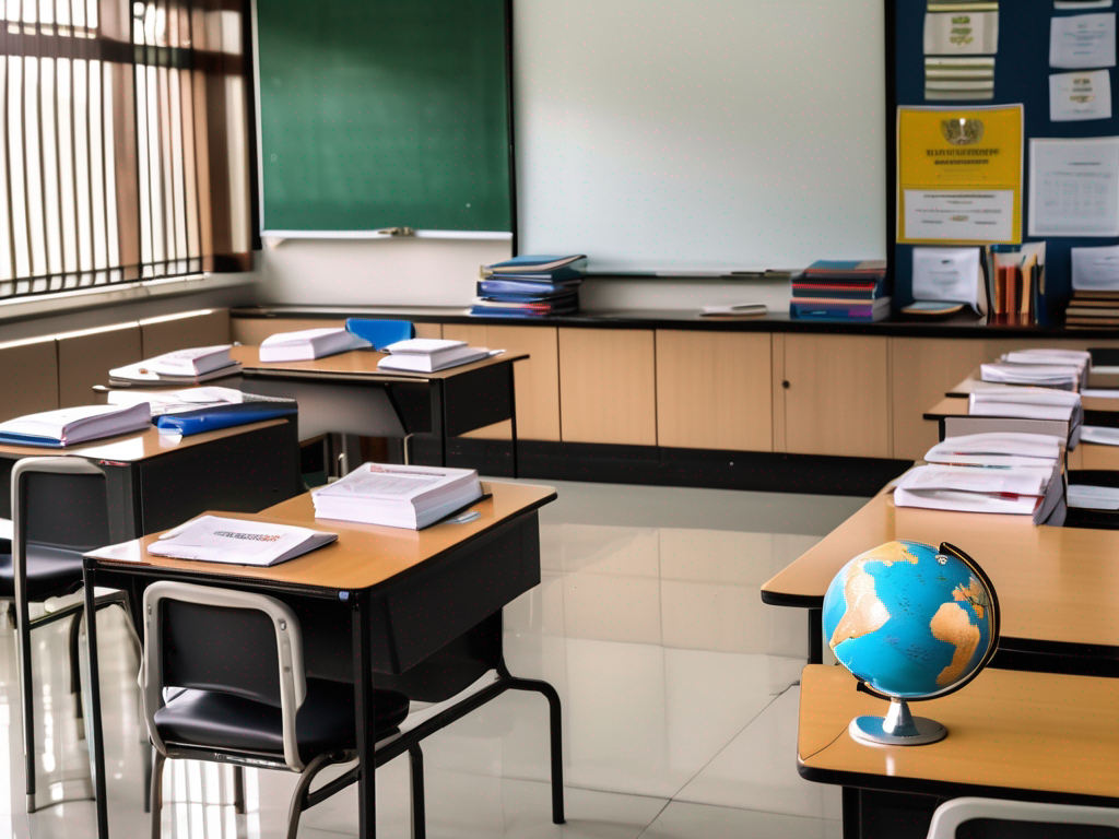 A classroom setting in singapore with an empty teacher's desk and chair
