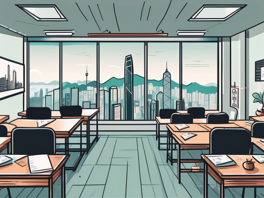 A classroom setting with iconic hong kong cityscape in the background