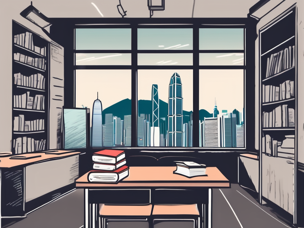 A classroom setting in hong kong with tefl books on the desk and a chalkboard showing english language lessons