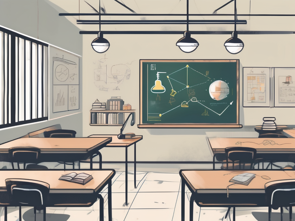 A classroom setting in hong kong with various educational tools and a chalkboard