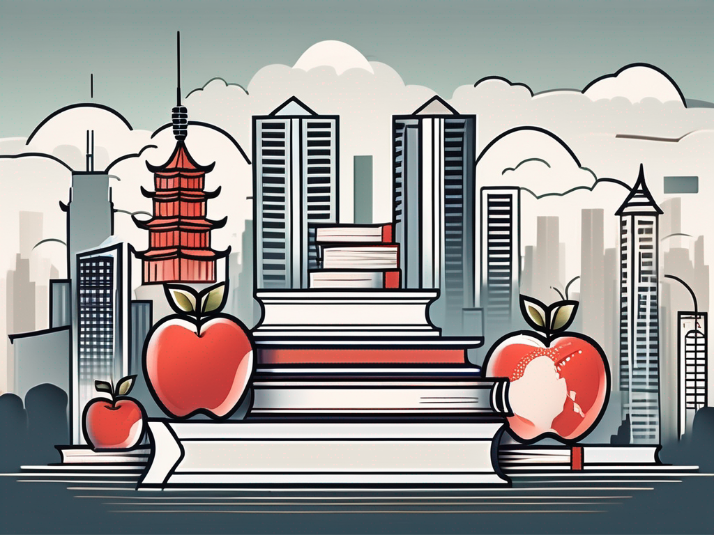 A modern chinese city skyline with iconic educational symbols like books