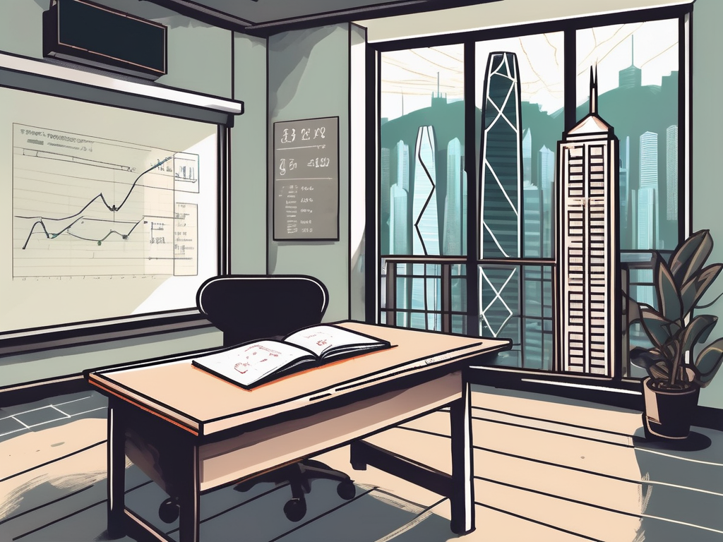 A classroom setting with iconic hong kong skyscrapers visible through the window