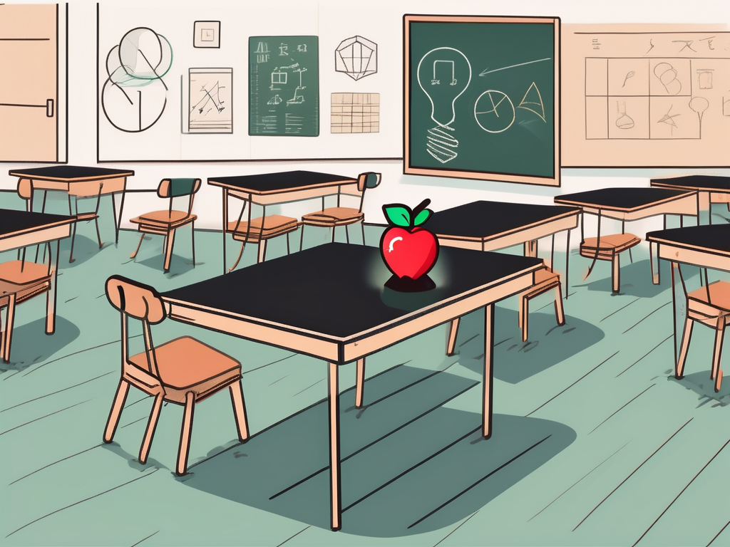 A classroom setting in hong kong with a chalkboard displaying abstract symbols representing teaching techniques