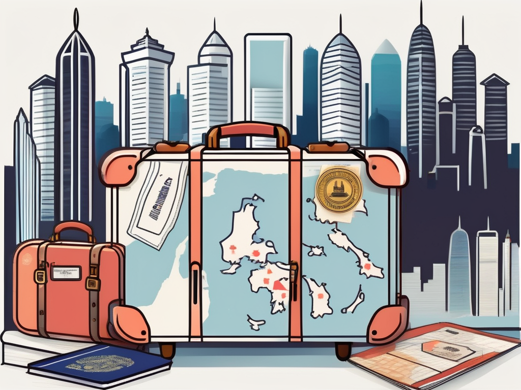 A suitcase adorned with stickers of various international landmarks