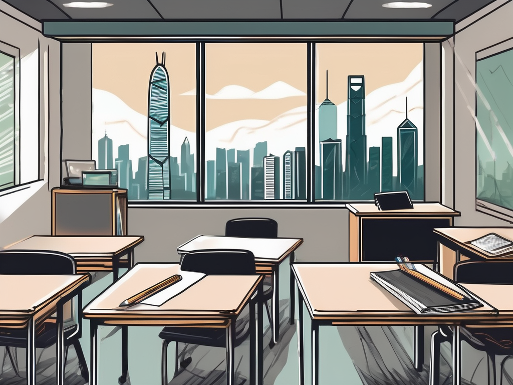 A classroom setting in hong kong with a teacher's desk