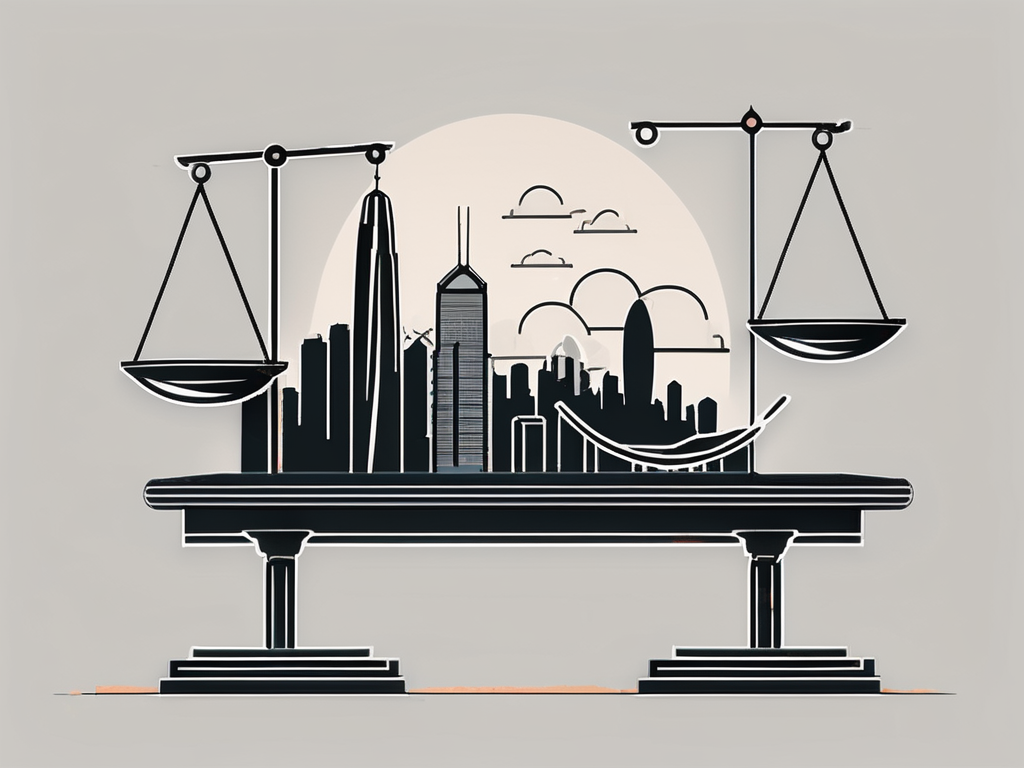 A balanced scale with iconic hong kong skyline on one side and a symbol representing education