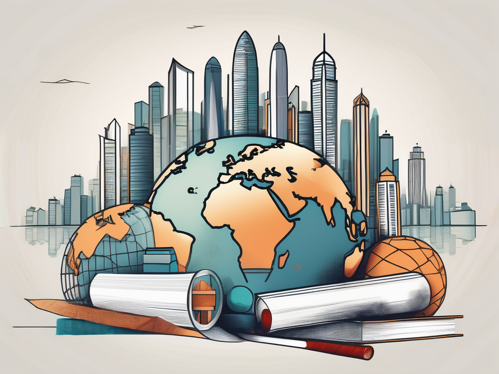 The hong kong skyline with a few symbolic educational tools like a globe