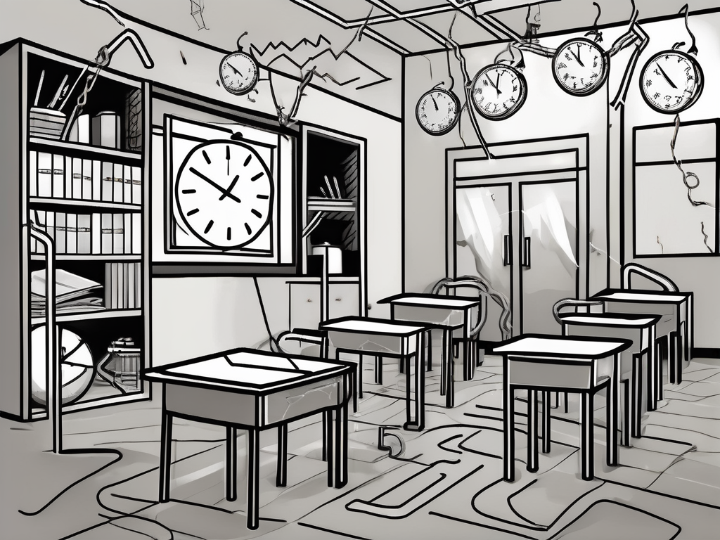 A classroom scene in hong kong with various symbols representing common challenges such as a broken clock (for time management issues)