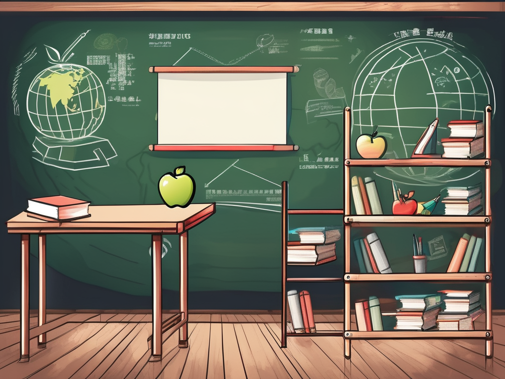 A classroom setting in hong kong with a chalkboard displaying a ladder symbolizing career progression