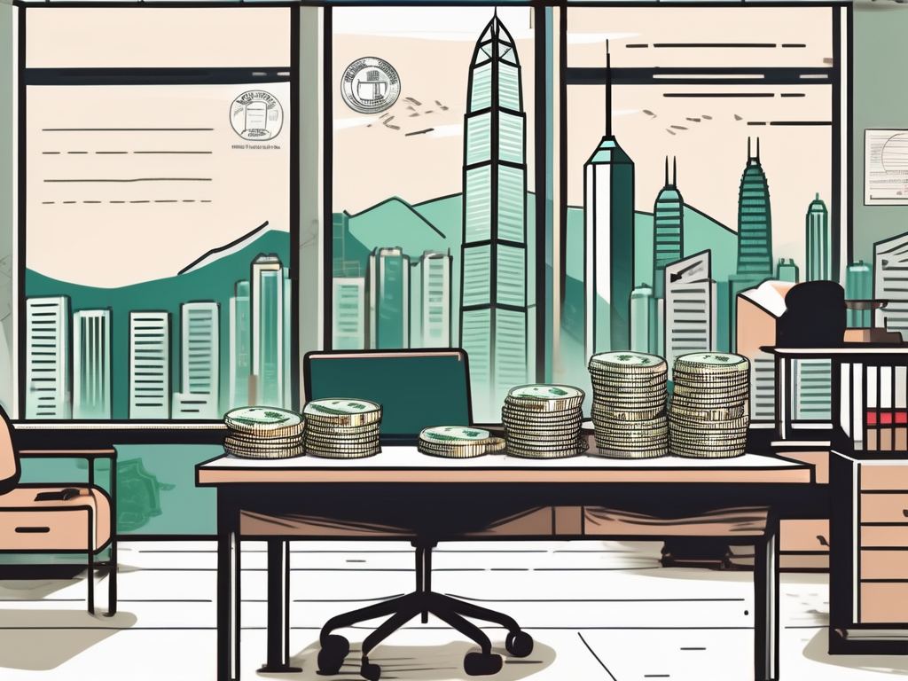 A classroom set up with a backdrop of iconic hong kong landmarks