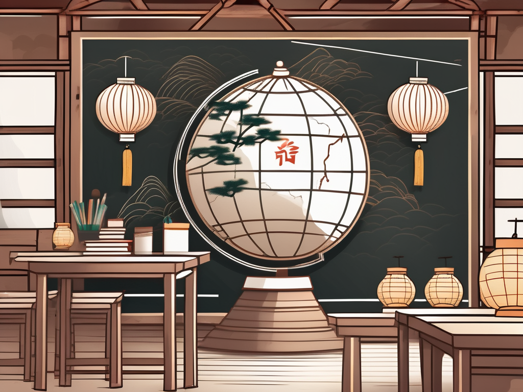 A classroom setting with iconic chinese elements like the great wall