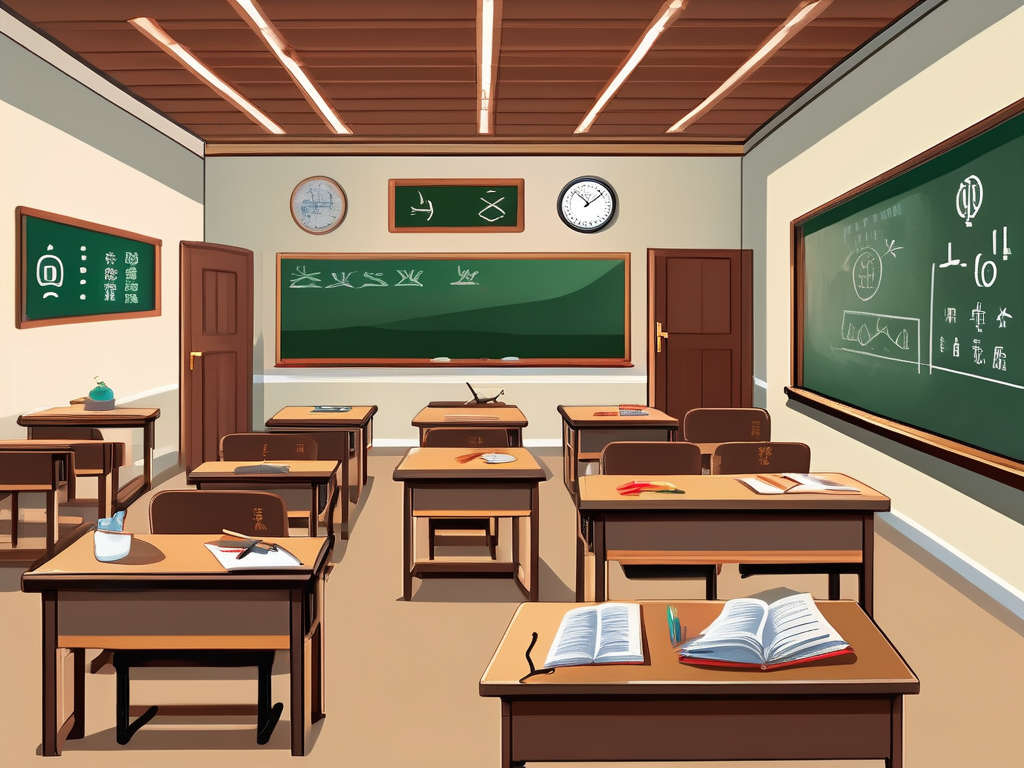 A classroom scene in china with various educational materials on the desk and a chalkboard in the background