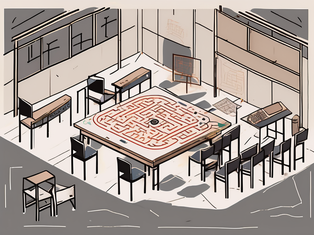 A traditional chinese classroom setting with various symbols indicating challenges such as a broken computer (for technology issues)